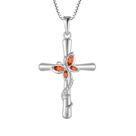 Blaniy Cross Necklace for Women 925 Sterling Silver Butterfly Necklace January Birthstone Necklace Garnet Pendant Jewelry Gifts for Women