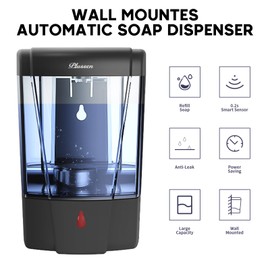 PLUSSEN Soap Dispenser Wall Mount, Automatic Hand Sanitizer Dispenser 600ml Gel n Liquid Touchless Commercial Wall Soap Dispenser for Bathroom,Silver-600ml