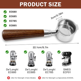 Bottomless Portafilter 51 mm for DeLonghi Dedica EC680/EC685/EC885 with 3 Ears and Wooden Handle, Stainless Steel Filter Basket 0.3 mm Pores Porta Filter