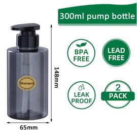 Apstaqeoo 2Pcs 300ml/10oz Empty Pump Bottle Dispensers - Refillable Plastic Shampoo Bottle Hand & Dish Soap Dispenser with pump, Lotion Shower Gel Storage Container Toiletries Liquid Dispenser (Grey)