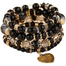 Stackable Beaded Bracelets for Women Multi-Layer Mixed Color Beaded Stretch Bracelet Crystal Stone Heart Letter Gold Charm Gemstone Bangles for Women Men Boho Summer Beach Jewelry