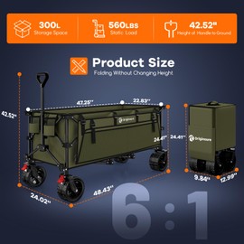 48" L Collapsible Wagon Cart Foldable, 560LB Weight Capacity 300L Heavy Duty Folding Beach Wagons with Big All-Terrain Wheels, Utility Carts for Groceries, Shopping, Camping, Sports - Green