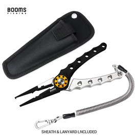 Booms Fishing X1 Aluminium Fishing Pliers Hook Remover Braid Line Cutting and Split Ring with Coiled Lanyard and Sheath