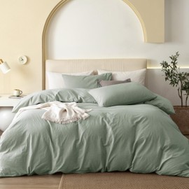 JIYUAN 100% Washed Cotton Duvet Cover Set 2 Pieces Twin, 1 Duvet Cover 68x90 Inches(Comforter Not Included) and 1 Pillowcases,Linen Feel Bedding Set Comfy and Breathable, Heathered Sage Green