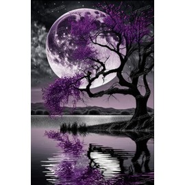 RMSGOZO Purple Tree & Full Moon Diamond Painting - Oil Painting Lake Diamond Art Kits for Adults, Full Round Gemstone Crystal Cross Stitch Kit, for Wall Decor & Club Decor (12 X 16 Inch)