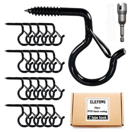 Set of 20 Q hooks or Z hooks, screw-in hooks, outdoor hooks, self-tapping hooks with safety buckles, string lights, wind chimes, bonsai, hanger hooks #10x2.2 inches (PVD-black coating, Z type hook)