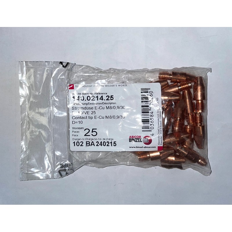 Abicor Binzel 140.0214 Contact Tip E-Cu M8/0,9/30, 25 Pack