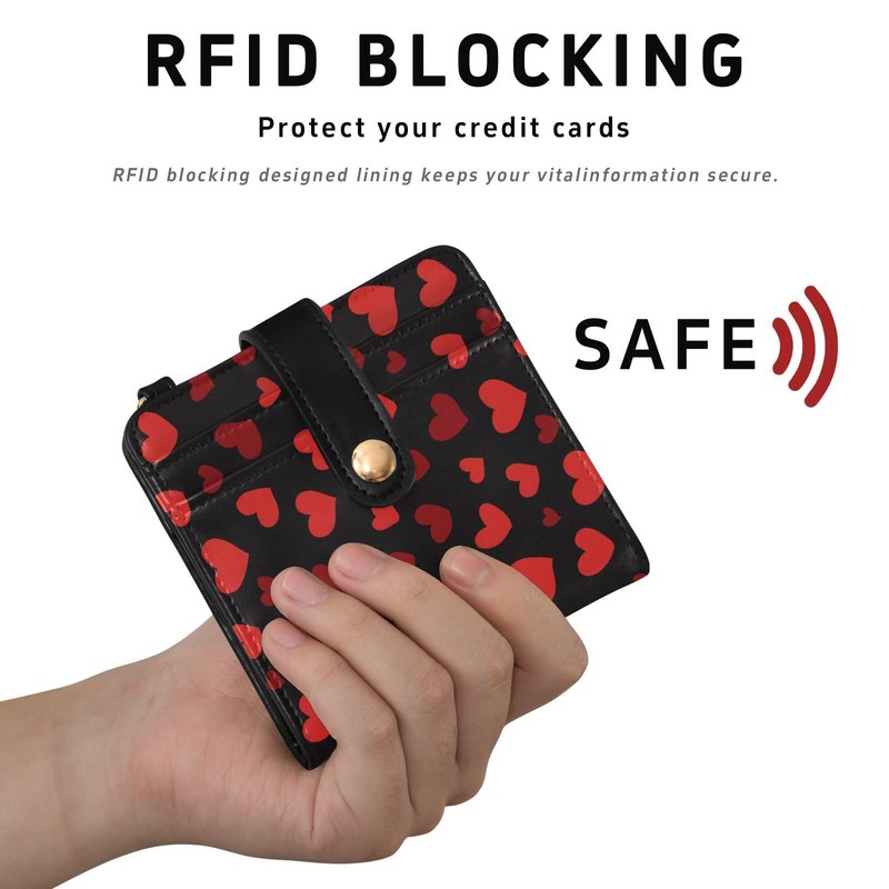 Dallonan Red Heart Black Womens Wallet RFID Blocking Small Slim