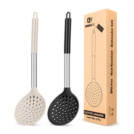 Kitchen Ladle Strainer Set of 2 Large Slotted Spoon with High Heat Resistant BPA Free Non Stick Cooking Skimmers For Draining and Frying (Black-Khaki)