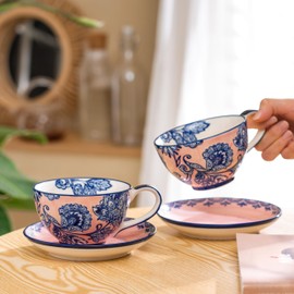 TERESA'S TEASET Coffee Cups with Saucers, 10.8 Oz Large Cup Set of 2 for Latte, Cappuccino and Tea, British Rural Style with Handpainted Floral Pattern, Gift for Birthday and Mother's Day, Pink