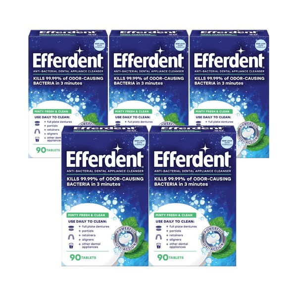 Efferdent Retainer Cleaning Tablets, Denture Cleaning Tablets for Dental Appliances, Minty Fresh & Clean, 90 Count. (Pack of 5)