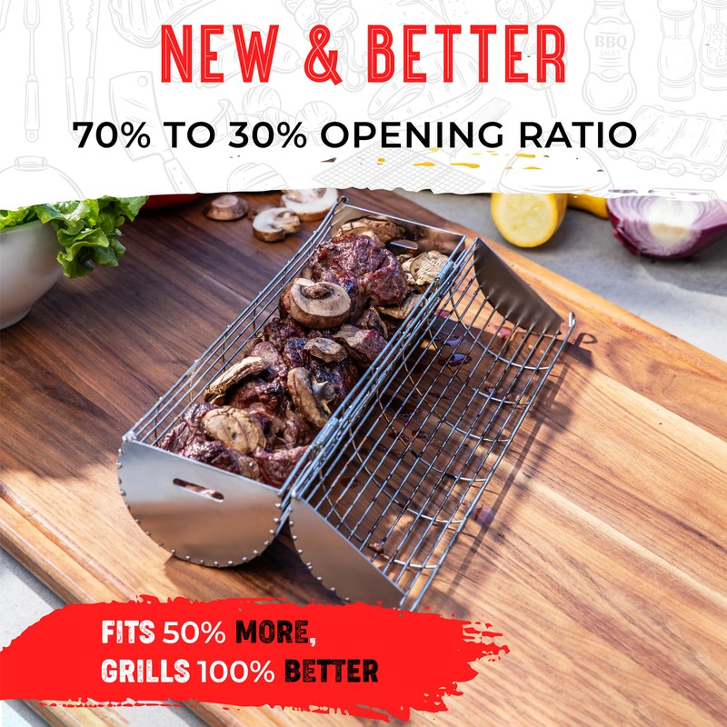Rolling Grill Basket, New Opening Design, Extra Sturdy Cylinder Grilling