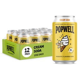 Popwell Cream Soda Caffeinated Better-For-You Prebiotic Soda, with 6g Fiber, 1g Sugar, Vitamins and Immunity Support, 12 fl oz Cans (pack of 12)