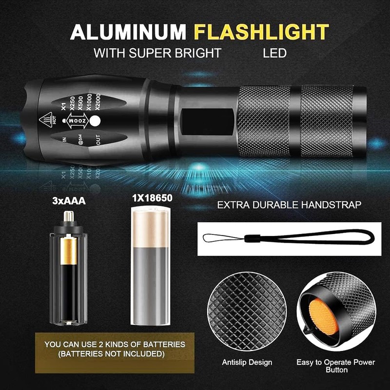 HYVCZP 1/2/3 Pack ​LED Torch,Super Bright Flashlight,5 Modes Adjustable Focus,