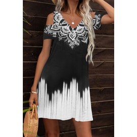 SAUKOLE Summer Dresses for Women Casual Button V Neck Boho Dress Pleated Cold Shoulder Cocktail Party Dresses