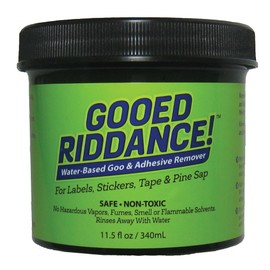 Gooed Riddance: Adhesive, Tar and Pine Sap Remover. Removes Residue from Stickers, Labels, and Tape. Water Based, Non-Toxic. No solvents. No Vapors.