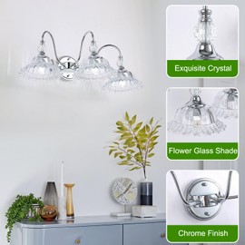 ZHUOER Chrome Bathroom Vanity Light Fixtures 3 Lights Vanity Lights for Bathroom with Floral Crystal Glass Shade Modern Wall Sconce Light for Mirror(Exclude E26 Bulb)