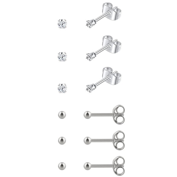 2mm Silver Stud Earrings Tiny Cubic Zirconia Ball Hypoallergenic Piercing