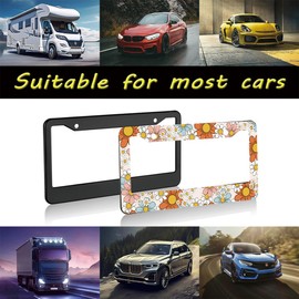 2pcs Colorful Dasiy Floral License Plate Frame for Women,Orange Floral car Decorative tag Frames Girly,Vintage Dasiy Flowers Plant Theme License Plate Cover Holder for Vehicle with car tag Keychain