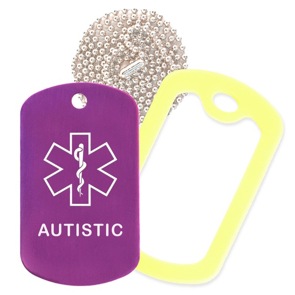 Autistic Medical Alert ID Necklace with Purple Tag, Yellow Silencer, and 30'' USA Chain - 154 Color Choices