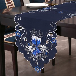 GRANDDECO - Camino de mesa de Navidad de 13 x 34 pulgadas, bordado floral de Navidad, velas azules, decoración de mesa para el hogar, comedor, Navidad, decoración de mesa