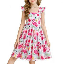 Baby Girl Flamingo Dress Kids Flutter Sleeve Smocked Dress Girls Summer Outfits Beach Sundress Toddler Boho Dresses (1597-3T)
