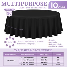 10 Pack Black Round Tablecloth 90 Inch Washable Polyester Tablecloths for Round Tables Stain Resistant and Wrinkle Table Cloth Decorative Fabric Table Cover for Dining Wedding Party Banquet Buffet