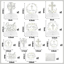 ANGOLIO White Sliver Floral Honeycomb Centerpieces - 12Pcs God Bless Table Decor Honeycomb Cross Centerpieces Baptism Religious Party Table Toppers for Bible Baby Shower Birthday Party Decor Supplies