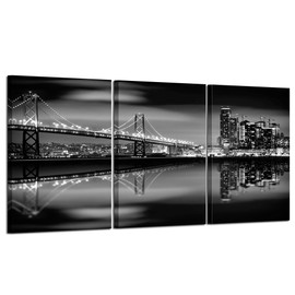 Kreative Arts San Francisco Bay at Night in Black and White Bridge Canvas Prints, Multicolor