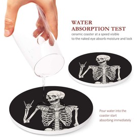 Britimes Coaster for Drinks Set of 6, Human Skeleton Absorbent Round Ceramic Stone Mat, with Cork Base and Metal Holder, Gift for Housewarming Room Bar Decor