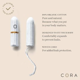 Cora 100% Organic Cotton Non-Applicator Tampons | Ultra-Absorbent, Unscented, Natural, Non-Toxic, Applicator Free | Eco-Conscious (Light Absorbency (36 Count))