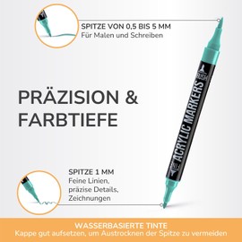 Zenacolor 72 Acrylstifte für Steine Wasserfest - mit Doppelspitze (feine Spitze und Pinsel) zum Zeichnen verschiedene Oberflächen - Acrylic Paint Marker mit einer Tasche