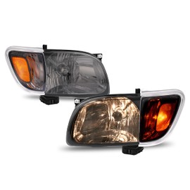 HECASA Headlight+Corner Light w/Bulbs Compatible with 2001-2004 Toyota Tacoma Replacement for TO2503136 TO2502136 Halogen Front Headlamp Bumper Head Lights Smoke Lens Black Housing Left&Right Side