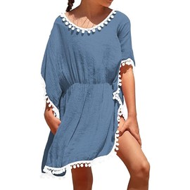 Eurivicy - Traje de baño de verano para niña con ribete de pompones, marino, 8-9 Años