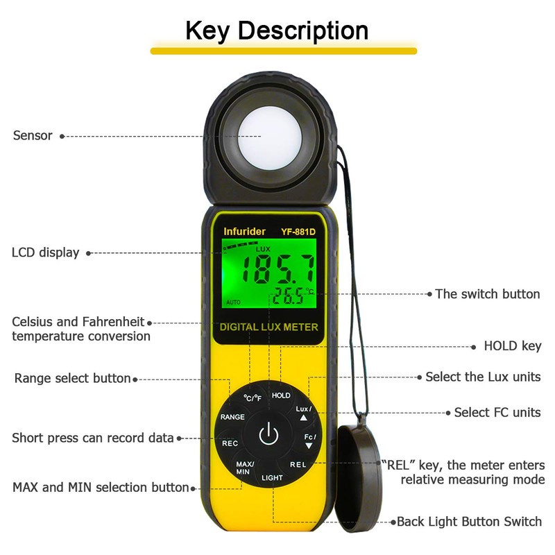 INFURIDER Digital Luxmeter Light Meter YF-881D Illuminometer 0.1-400,000 Lux Light