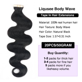 Liqusee Body Wave Tape In Hair Extensions Human Hair 100% Remy Human Hair Natural Black 24 inch 20pcs 50g/Pack Seamless Invisible PU Skin Weft Tape ins Real Human Hair Extensions for Black Women