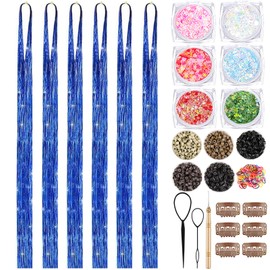 Blue Hair Tinsel Kit With Body Glitter 48 Inch 3000 Strands Glitter Tinsel Hair Extensions With Tools Fairy Hair Accessories, Suitable for Festivals and Daily Use (Sapphire Blue Tinsel Kit)