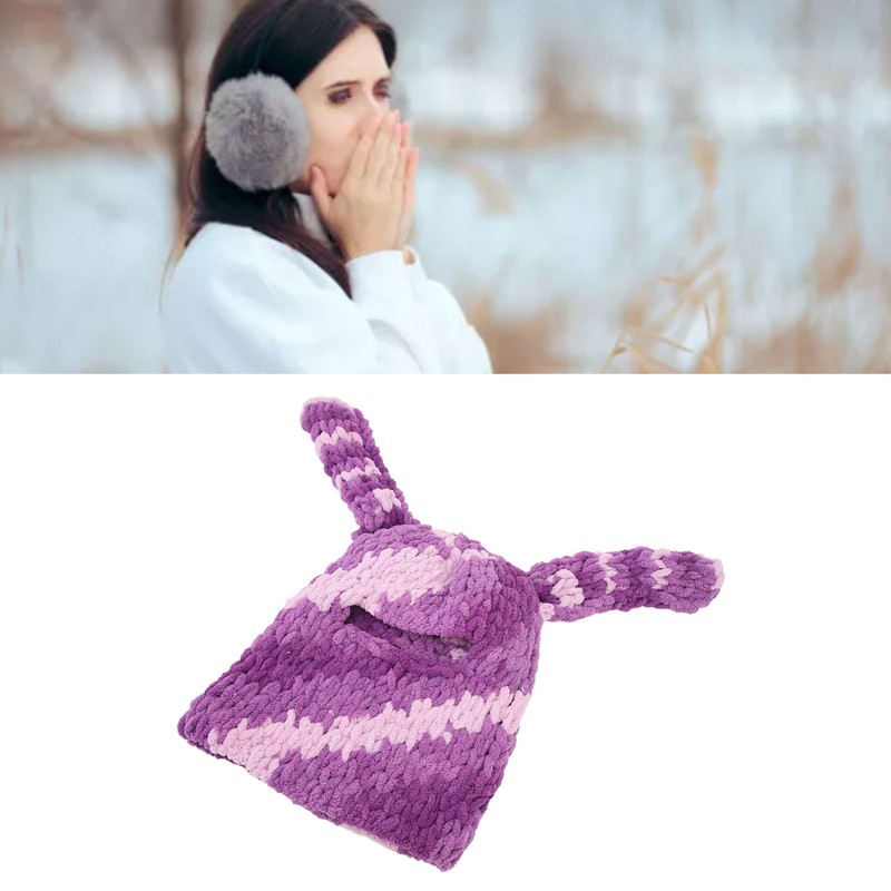 Bunny Ear Knitted Hat Purple Warm Windproof Thicken Stretchy Stylish