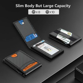 idudu Wallet for Men, Slim Minimalist Mens Wallet 9-12 Cards Holder, RFID Blocking Smart Pop Up Card Wallet with Expandable Backplate, Metal Aluminum Credit Card Holder Bifold Wallet, Carbon Fiber
