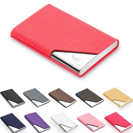 Waylipun Business Card Holder, Professional PU Leather & Stainless Steel Business Name Card Case, Keep Business Cards in Immaculate Condition, Slim Metal Pocket Card Holder with Magnetic Shut(Red)