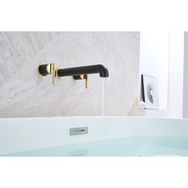 SITGES Polished Gold and Black Solid Brass Wall Mount Bathtub Faucet,10" High Flow Wall Mount Tub Filler with Two Lever Handles,High-End Design with Rough-in Valve Included