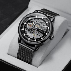 Black Silver Mesh Strap Men's Watch Fashion Sports Waterproof Watch, Business Manual Wrapping Mechanical Mesh Men's Watch - Black Silver
