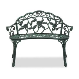 Antique Green Outdoor Cast Aluminum Patio Bench with Curved Legs and Rose Pattern Elegant Porch Bench Chaircolor: as picture Color