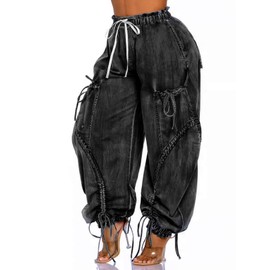 Molisry Women's Drawstring Wide Leg Jeans High Wasited Y2K Harem Baggy Pants Denim Casual Streetwear