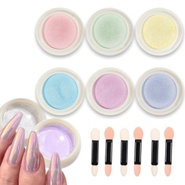 6 Jars Colorful Chrome Nail Powder, Mirror Laser Nail Powder, Neon Powder, Aurora Powder, Pearl Glitter Dust Kit for Nails, Metallic Mirror Effect Nail Art Decoration with Nail Sponge Brushes
