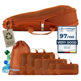 Travel Dude Compression Packing Cubes for Travel Made from Plastic Bottles | Bag Organiser for Backpacking, Suitcases & Bags | Travel Organiser for Clothes & Shoes (7 pieces, Burnt Orange)