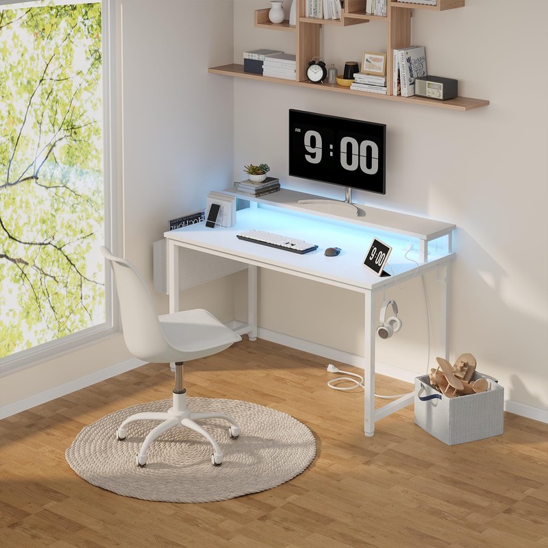 Lufeiya White Computer Desk with LED Lights and Power Outlets,