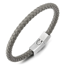 COOLSTEELANDBEYOND Unisex Mens Women Thin Gray Braided Leather Bracelet Leather Bangle Wristband, Steel Magnetic Clasp