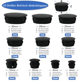 VEPEPE Pack of 150 Black Cover Caps for Drill Holes Set, 6/8/10/12/16/20/22/25/28/30 mm Drill Hole Cover Caps, Cover Caps Black Set, Furniture Hole Cover Black for Drilling Screws