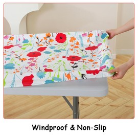 SASTYBALE Vinyl Fitted Table Cover with Bench Covers and Bag, 6ft Tablecloth Waterproof Windproof Elastic Edges Fitted Table Cloth for Indoor Outdoor Travel Picnics Patio Camping (30"x 72", Floral)